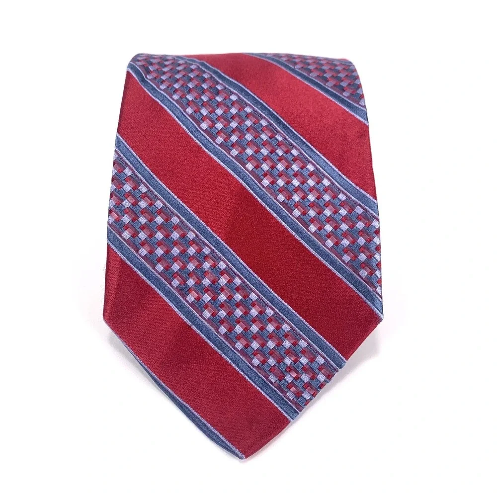 Faconnable Mens Tie Red Geometric Striped‎ Repp Design 100% Silk XL